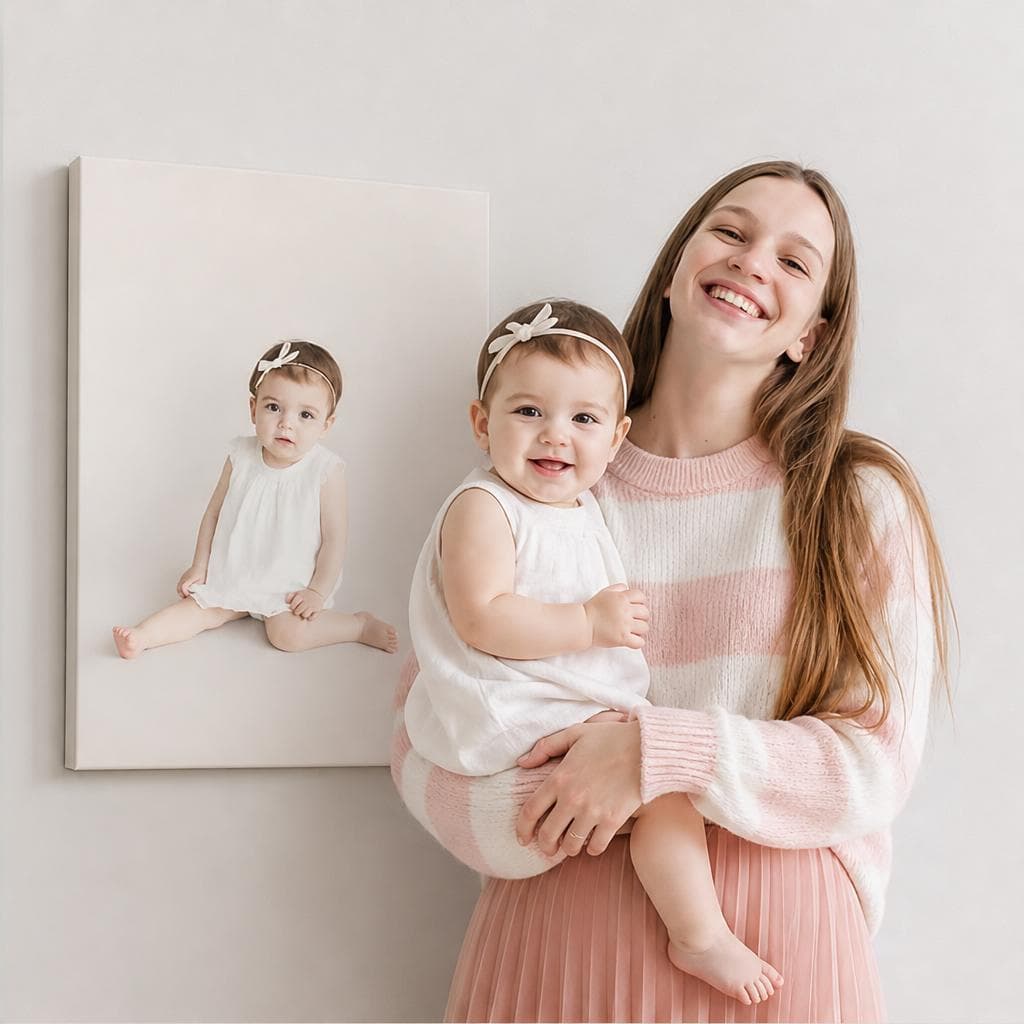 Mother holding her baby beside a matching baby portrait canvas on the wall