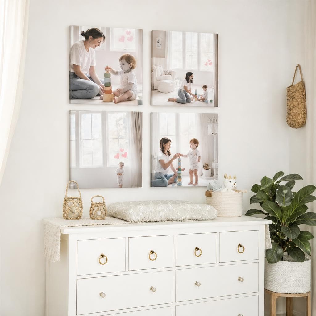 Four square children canvases in a grid above a white nursery dresser