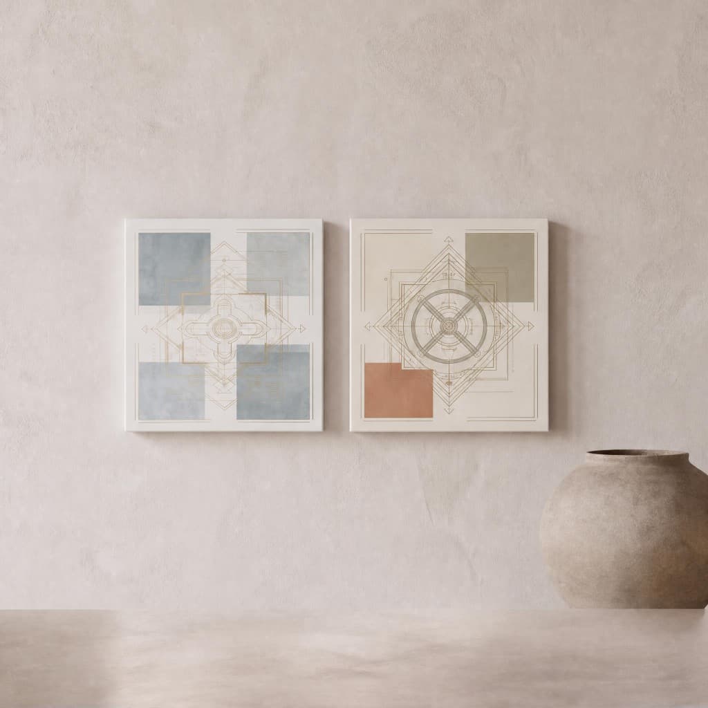 Two square geometric design canvases on a textured beige wall above a ceramic vase