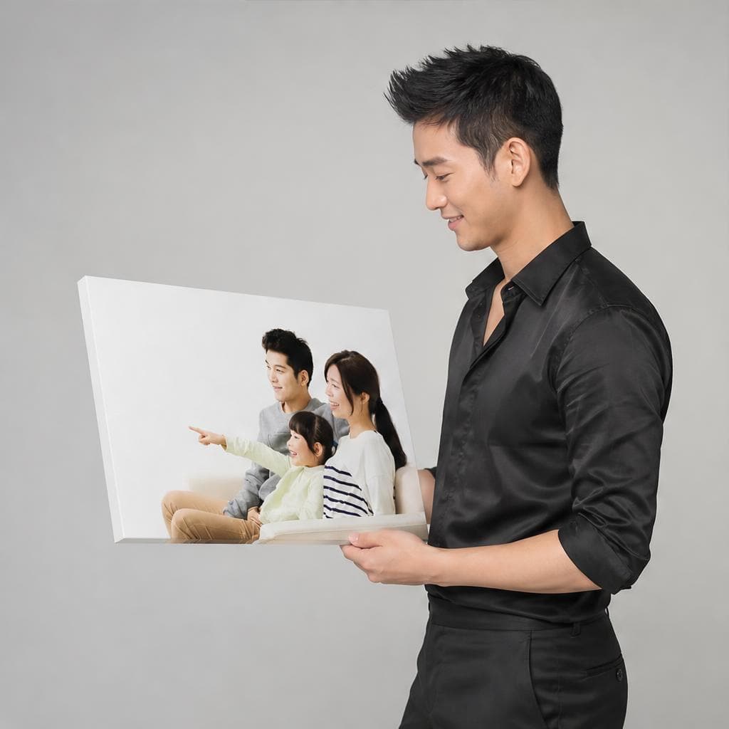 Man holding a horizontal family portrait canvas against a neutral studio backdrop