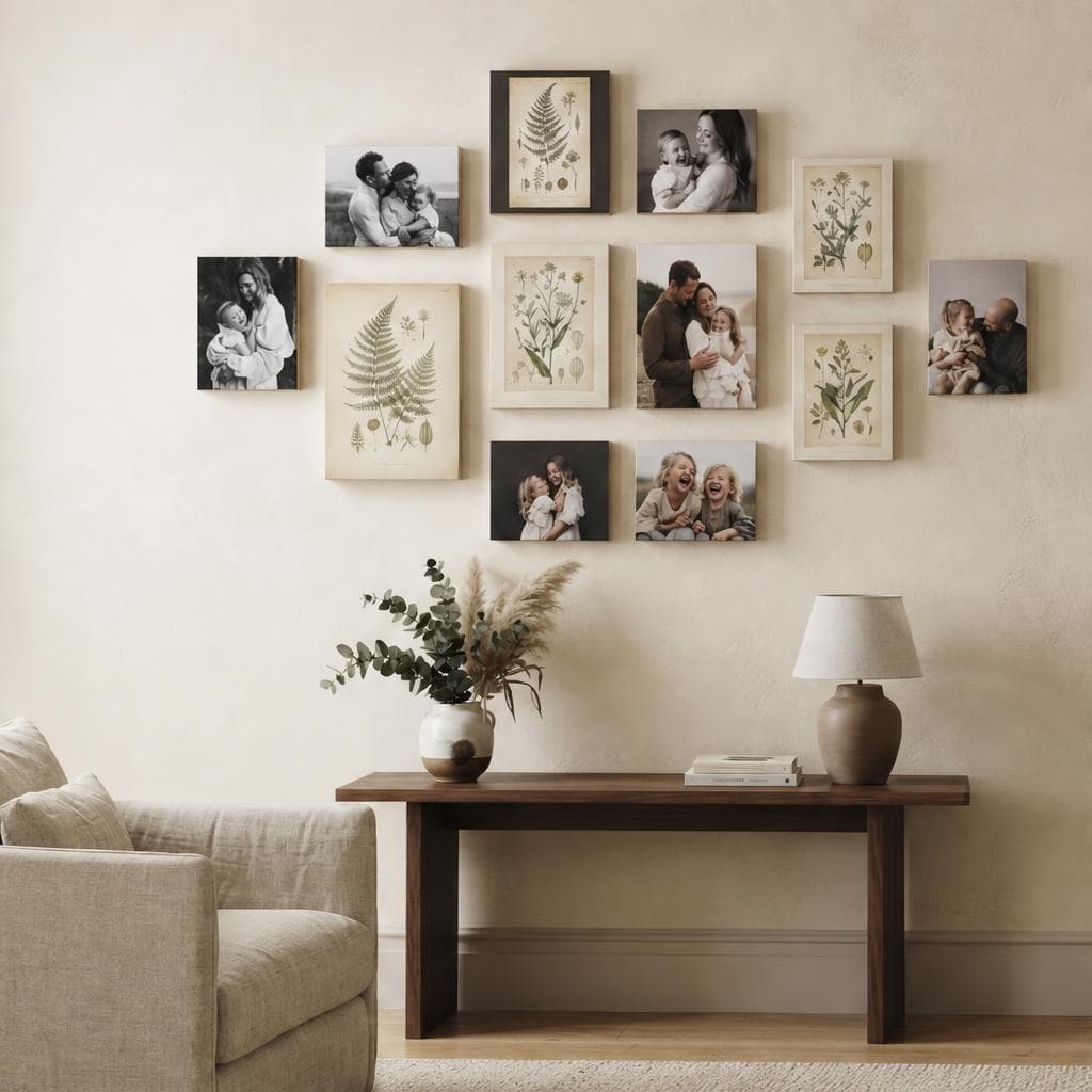 Curated living-room gallery wall of canvas portraits and botanical prints above a dark wood console