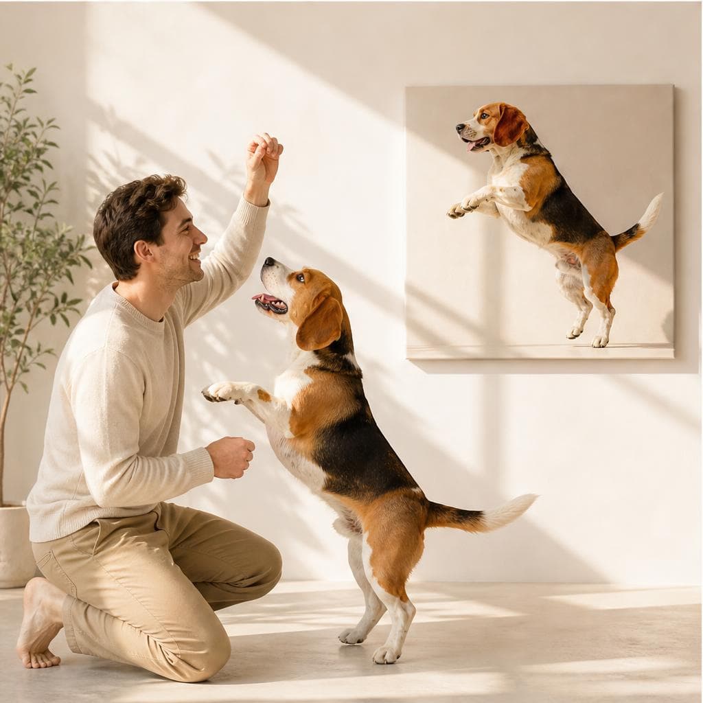 Man playing with a beagle beside a square pet portrait canvas on the wall
