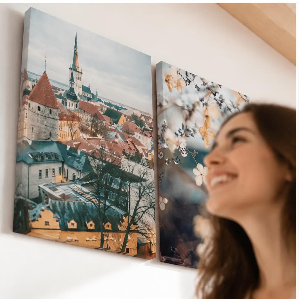 Woman smiling beside two wall canvases, including a European city travel view with red rooftops