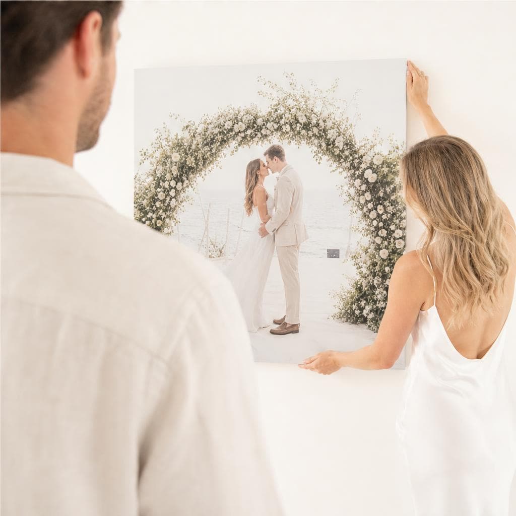 Woman hanging a beach wedding portrait canvas on a bright wall while a partner looks on