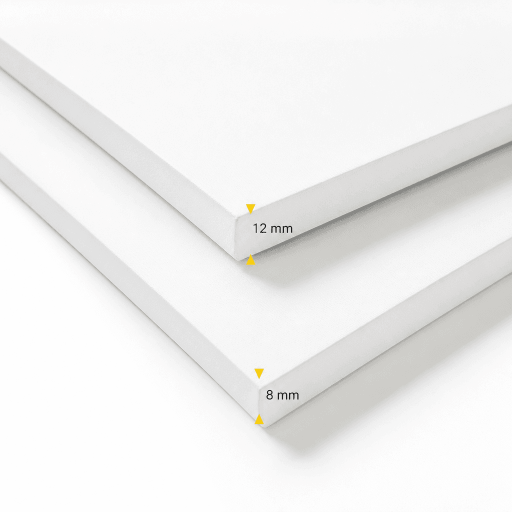 Side-by-side edge comparison of 12 mm and 8 mm stretched canvas profiles