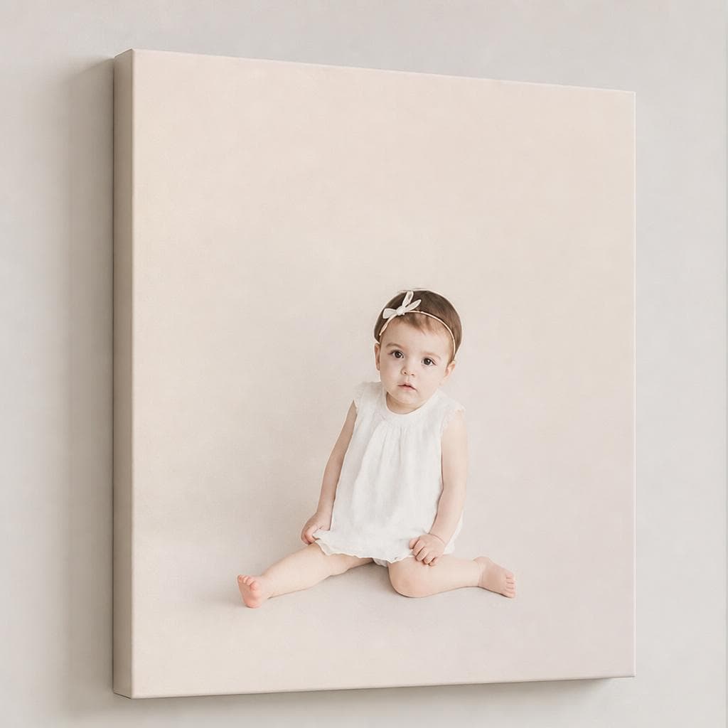 Square stretched canvas with a soft baby portrait hanging on a light wall
