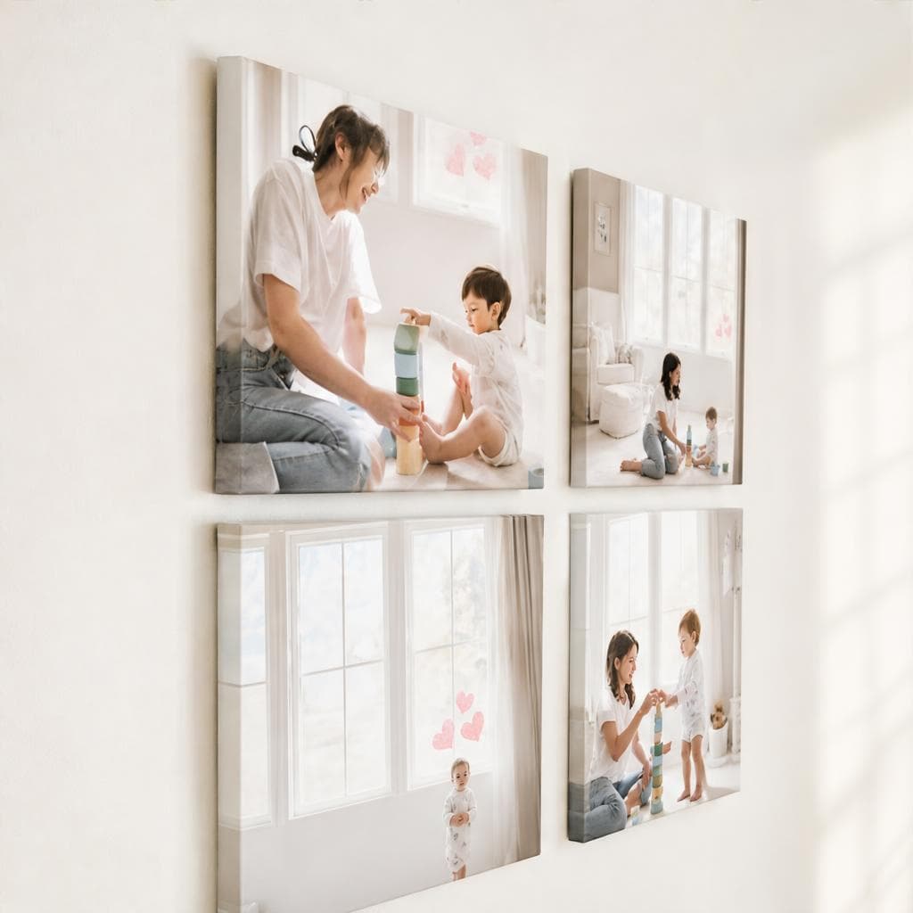 Four stretched canvases in a grid showing mother-and-child lifestyle photos