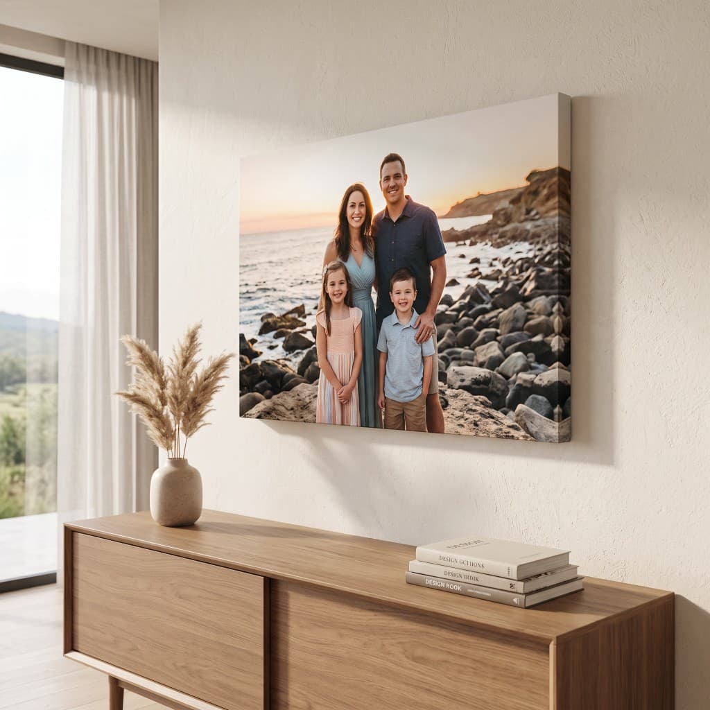 Wide family-portrait canvas above a mid-century sideboard in a sunlit room