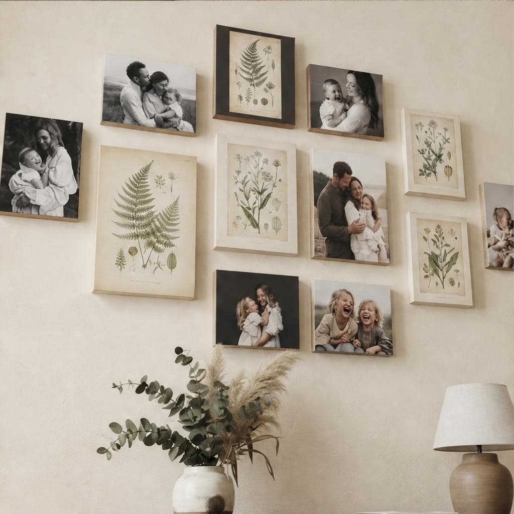 A curated gallery wall of black-and-white family portraits and botanical canvases with a vase of eucalyptus below