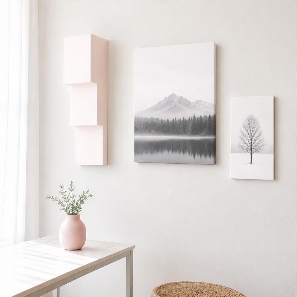 Black-and-white mountain and tree canvases arranged on a cream living-room wall