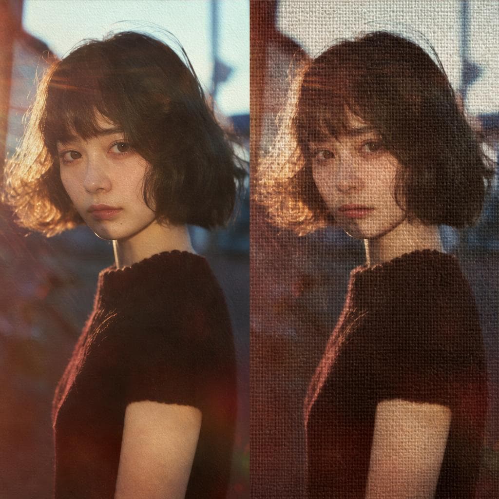 Side-by-side portrait showing ultra-fine Mark & Rose canvas versus coarse ordinary canvas texture