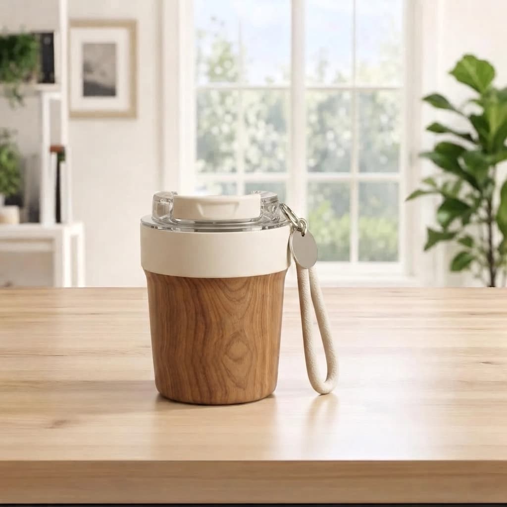 Angled view of the wood grain tumbler with its attached wrist lanyard on a bright table