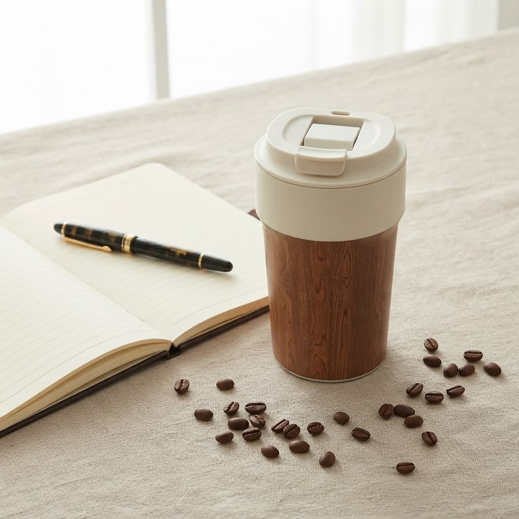 Wood grain tumbler flat lay with notebook, fountain pen, and coffee beans