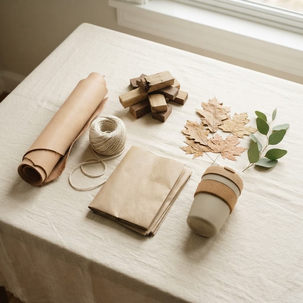 Natural materials on linen — leather, twine, wood, kraft paper, dried leaves, eucalyptus, and a reusable tumbler