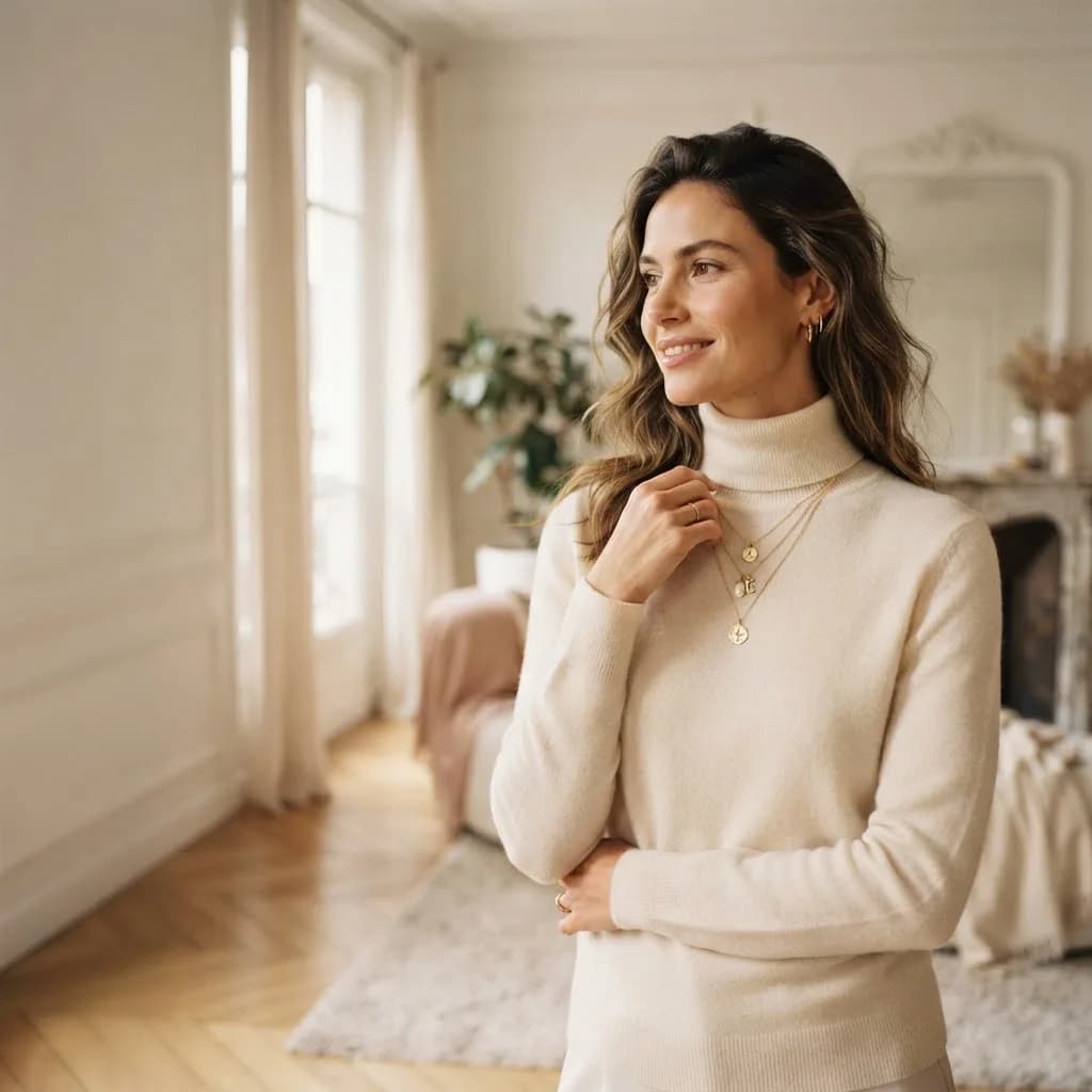 Model wearing layered personalized gold necklaces
