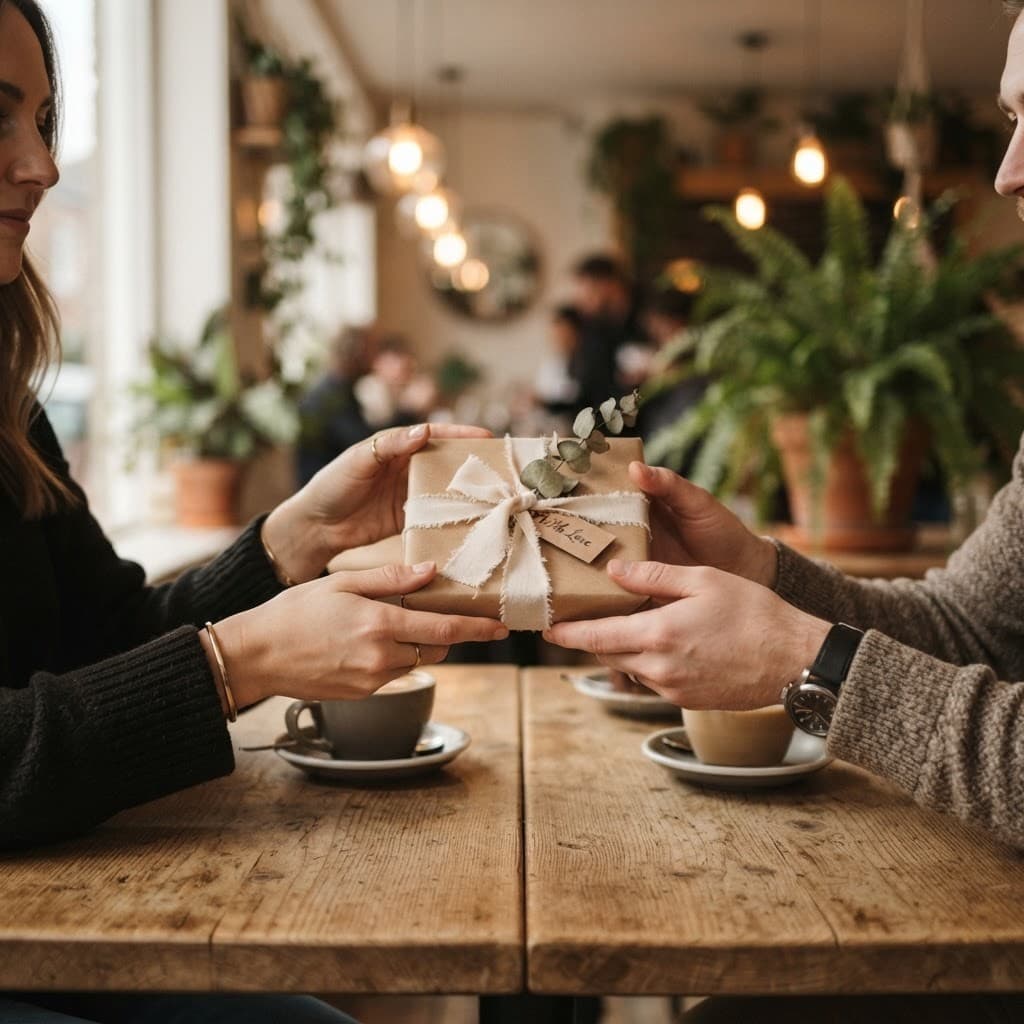 Two people exchanging a kraft-wrapped gift tied with ribbon at a cafe table