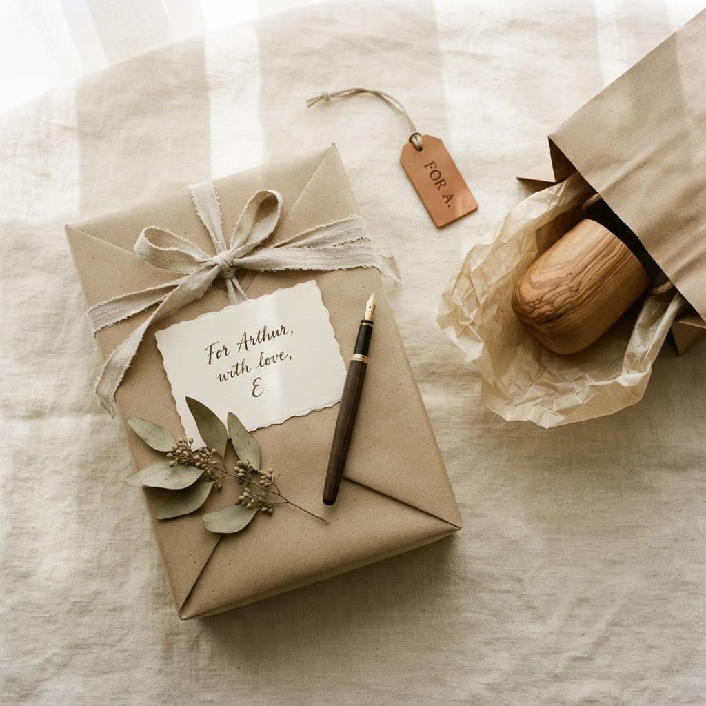 Kraft-wrapped gift and bag with a handwritten note, leather tag, and wooden keepsake