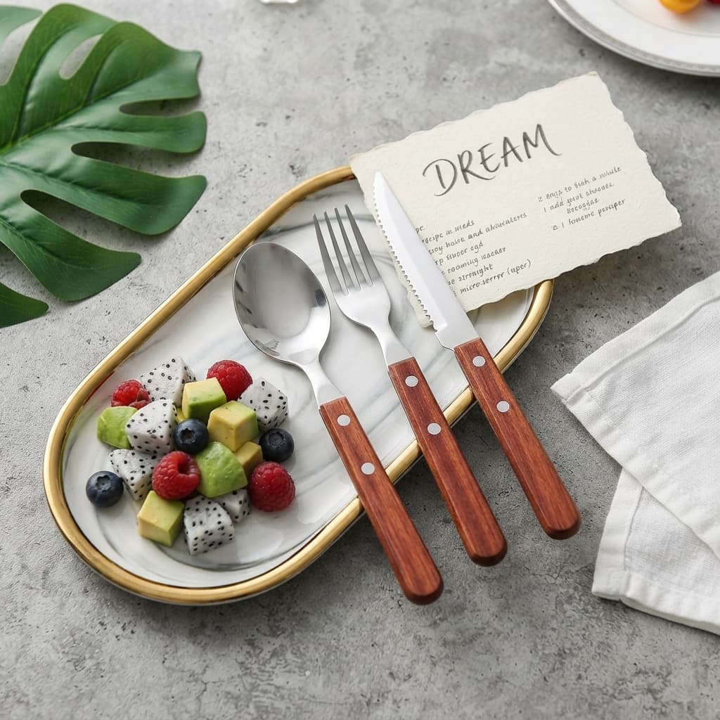 Japanese wooden-handle flatware set on a table