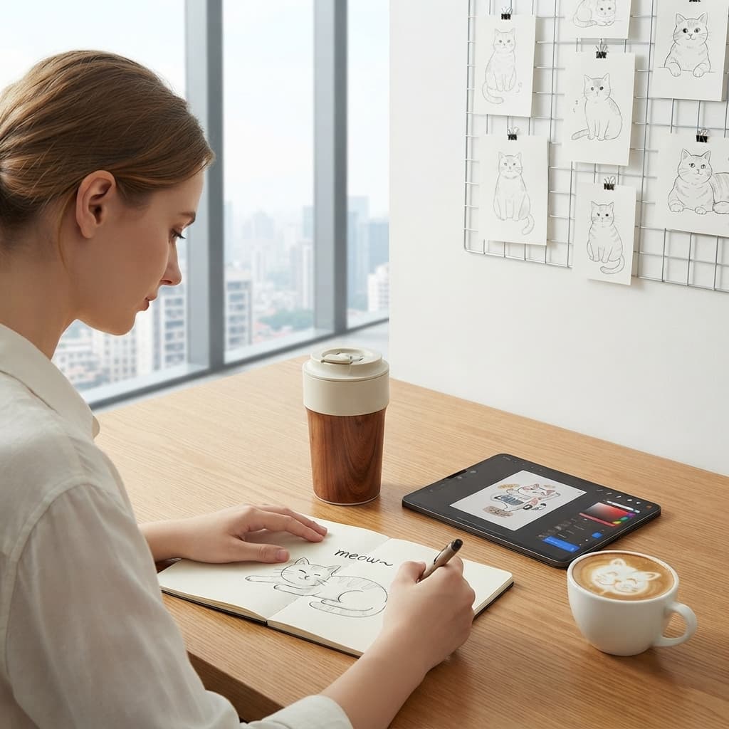 A designer sketching cat line art at a desk with the wood grain tumbler