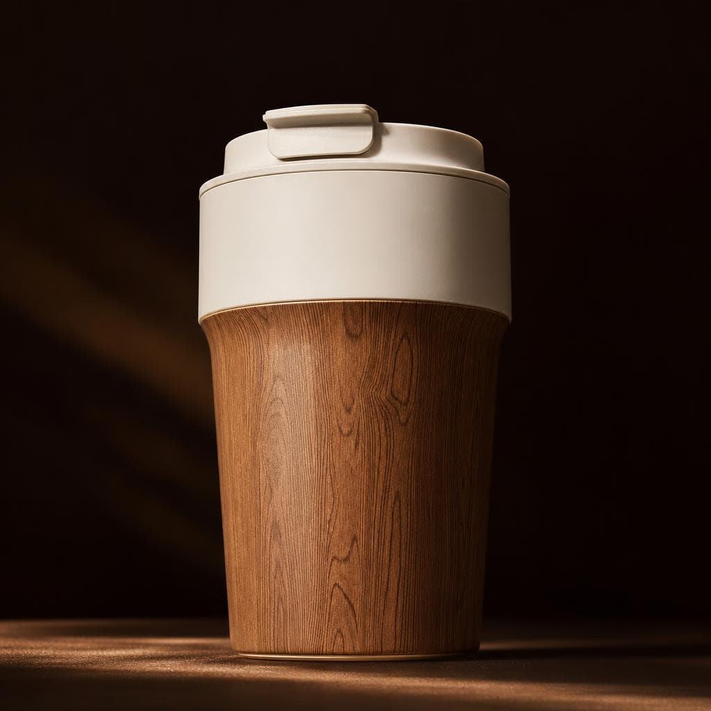 Wood grain tumbler with cream lid on a dark studio backdrop