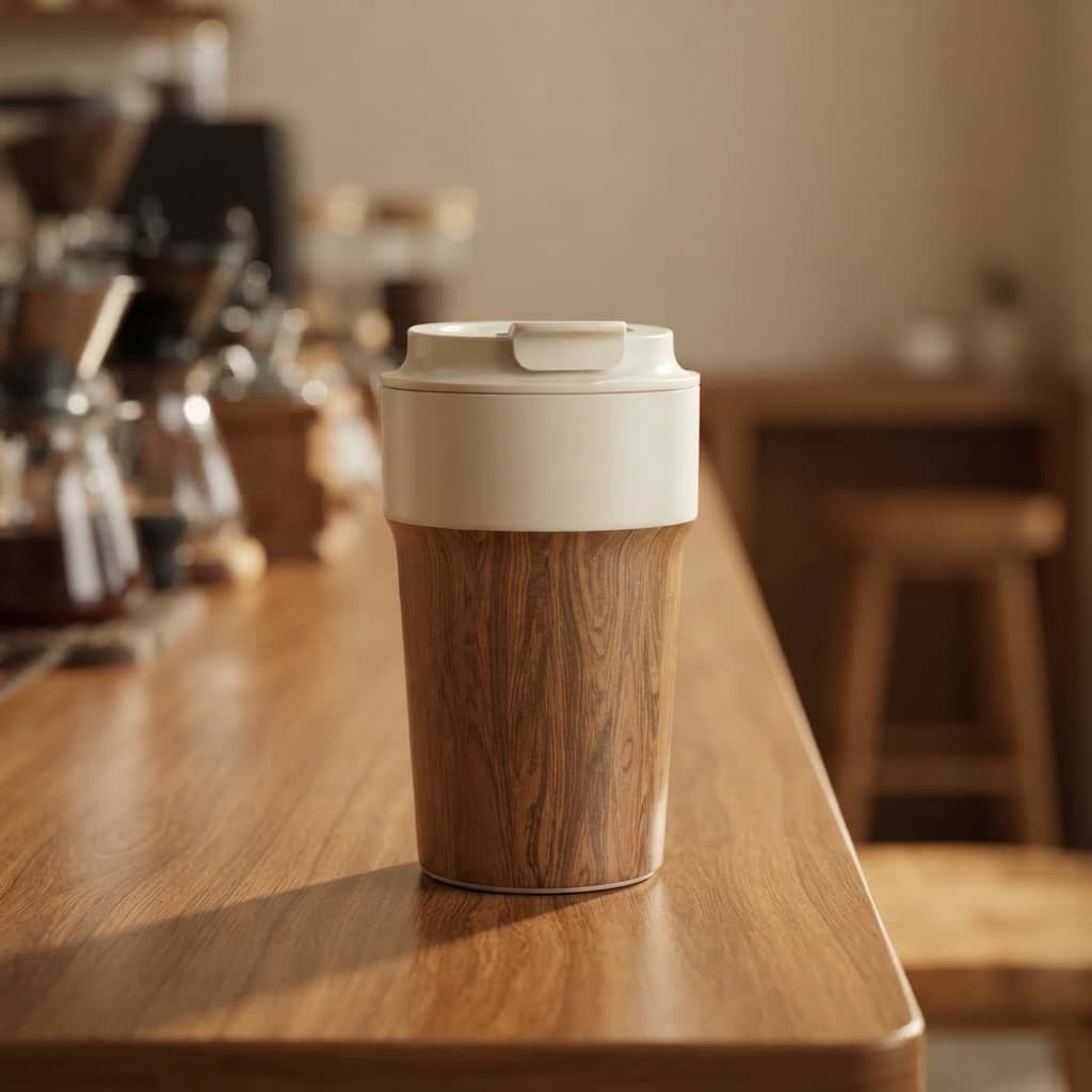 The wood grain tumbler resting on a cafe counter with a warm blurred background