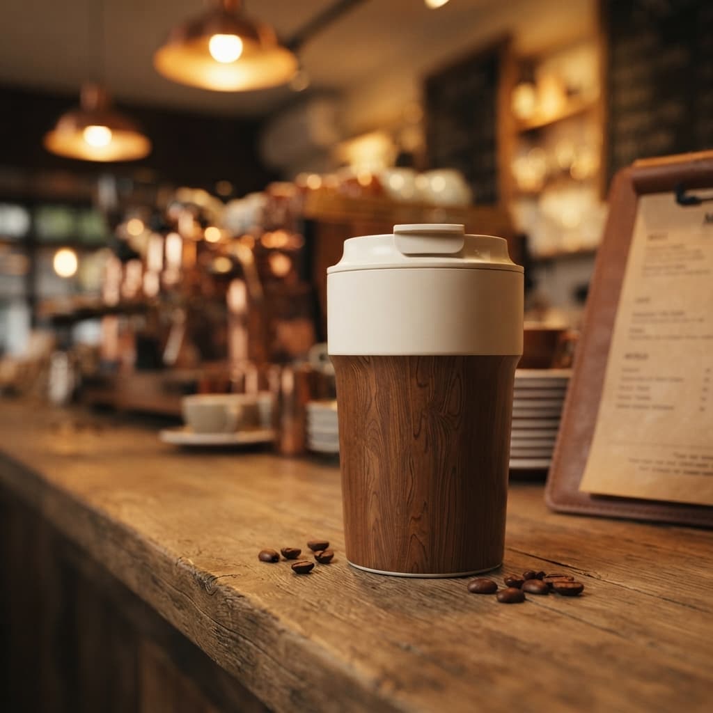 The wood grain tumbler on a cafe counter with a copper espresso machine behind