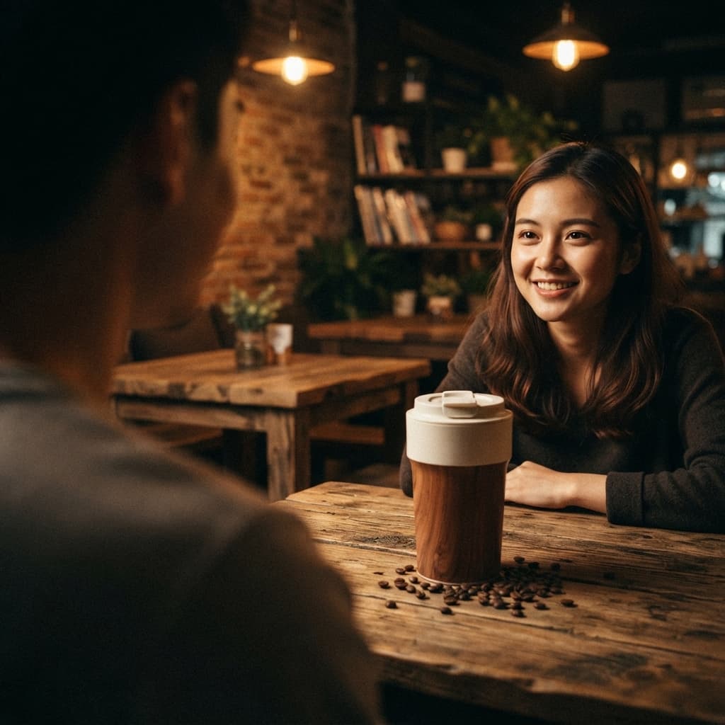 The tumbler on a rustic cafe table during a warm conversation