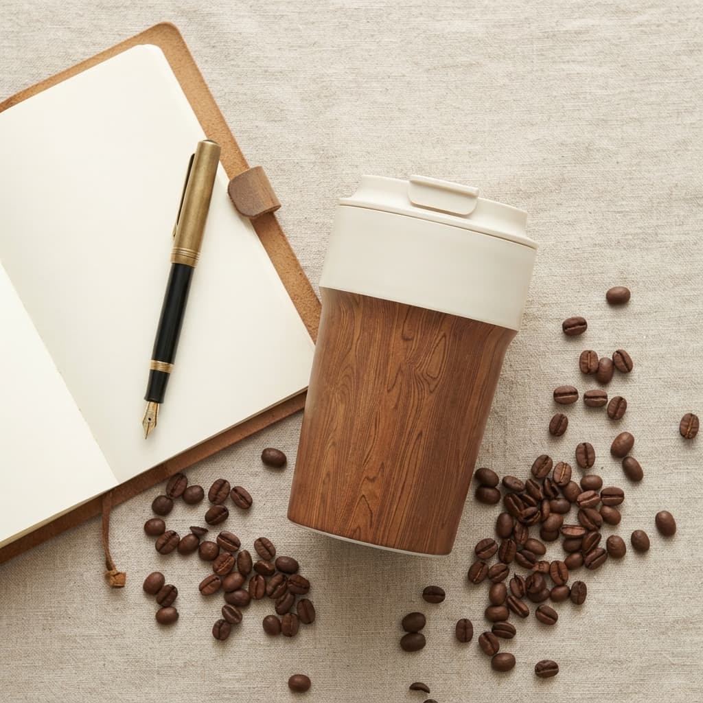 Flat lay of the wood grain tumbler beside a notebook, fountain pen and scattered coffee beans