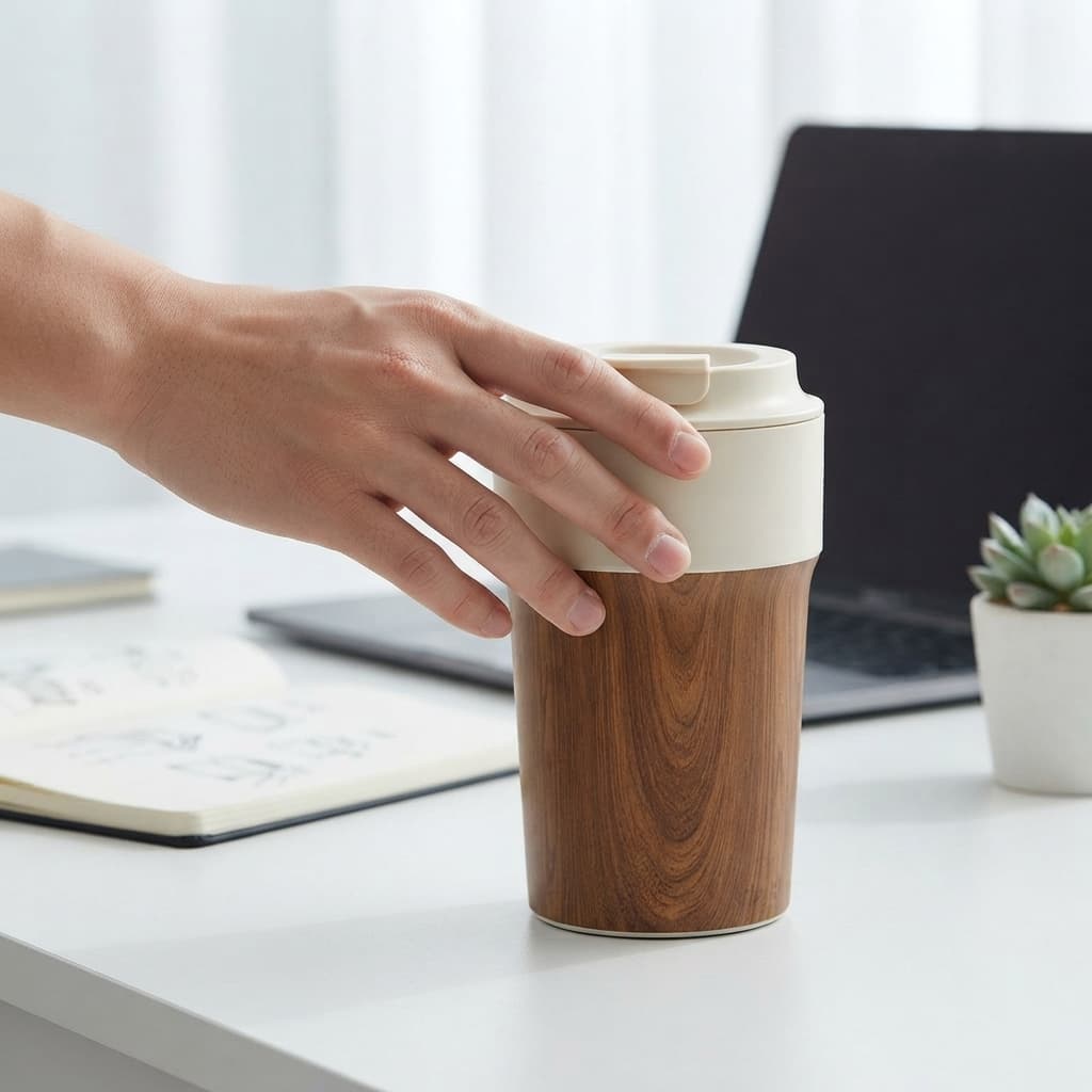 A hand reaching for the wood grain tumbler on a bright white desk