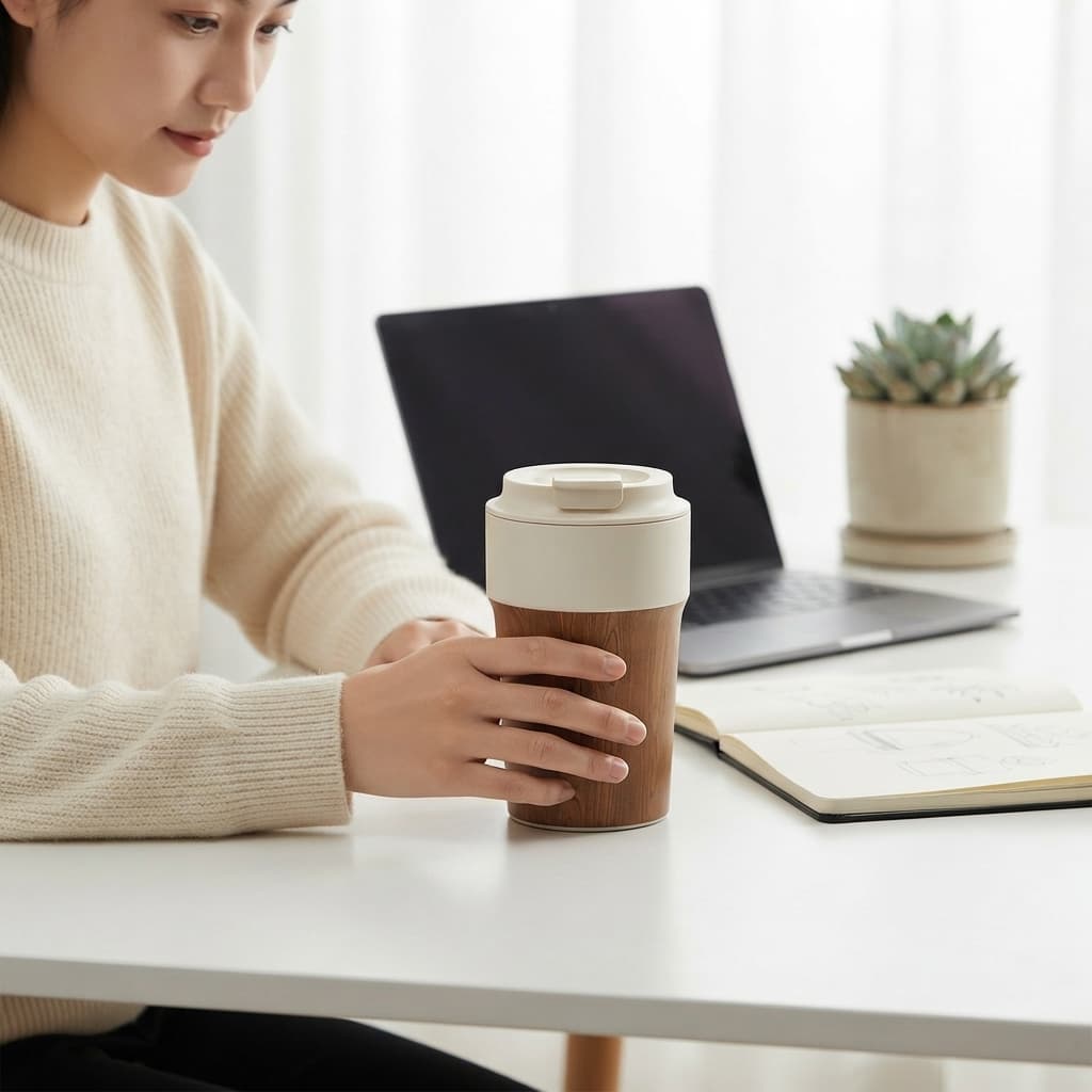 Woman at a minimalist desk holding the wood grain tumbler beside a laptop