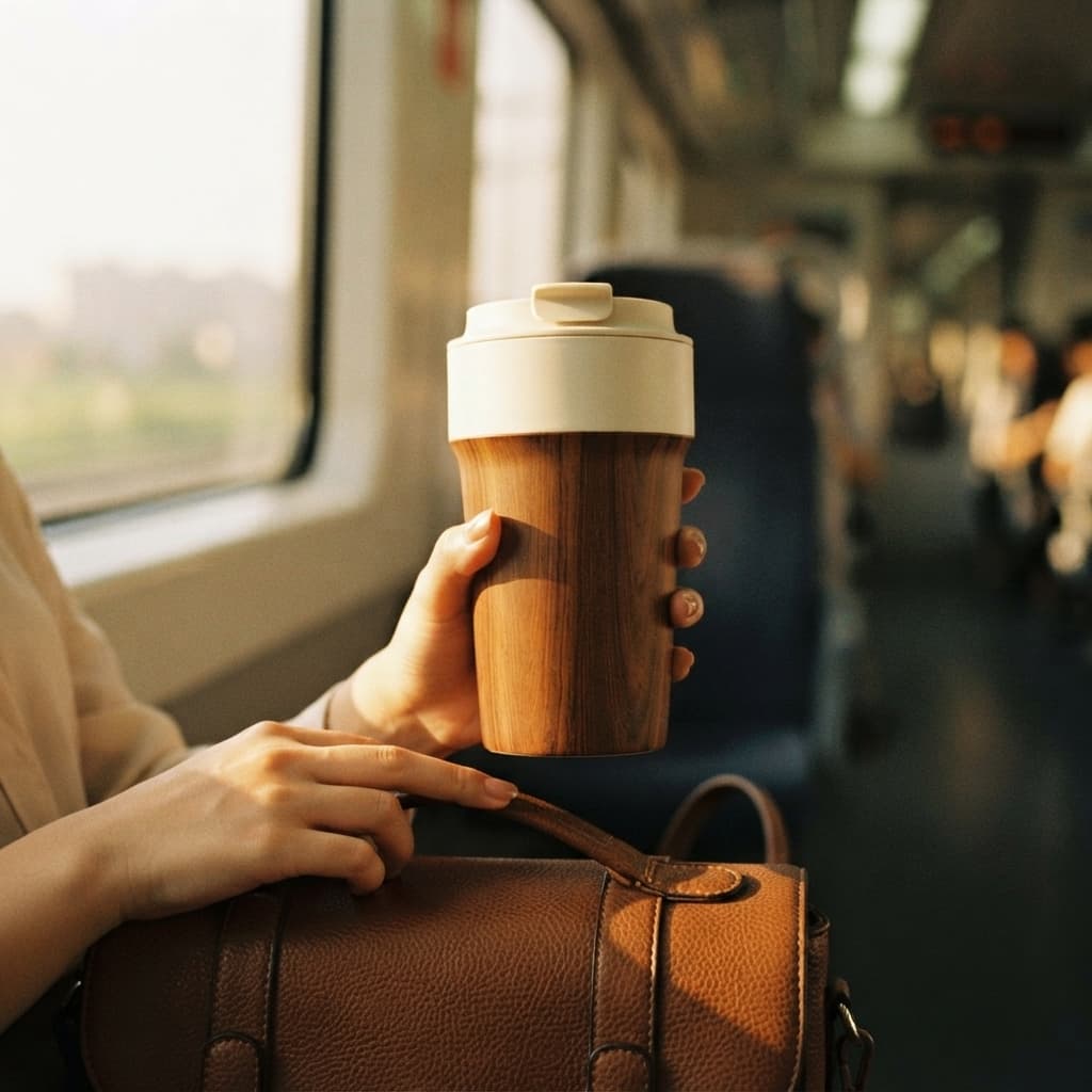 Woman holding the wood grain tumbler on a train beside a leather bag