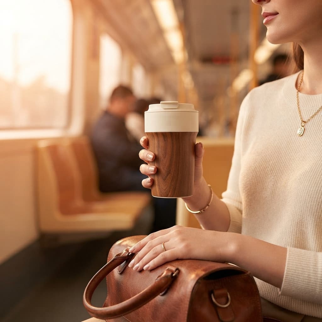 Elegant woman in a cream sweater holding the tumbler on a sunlit train