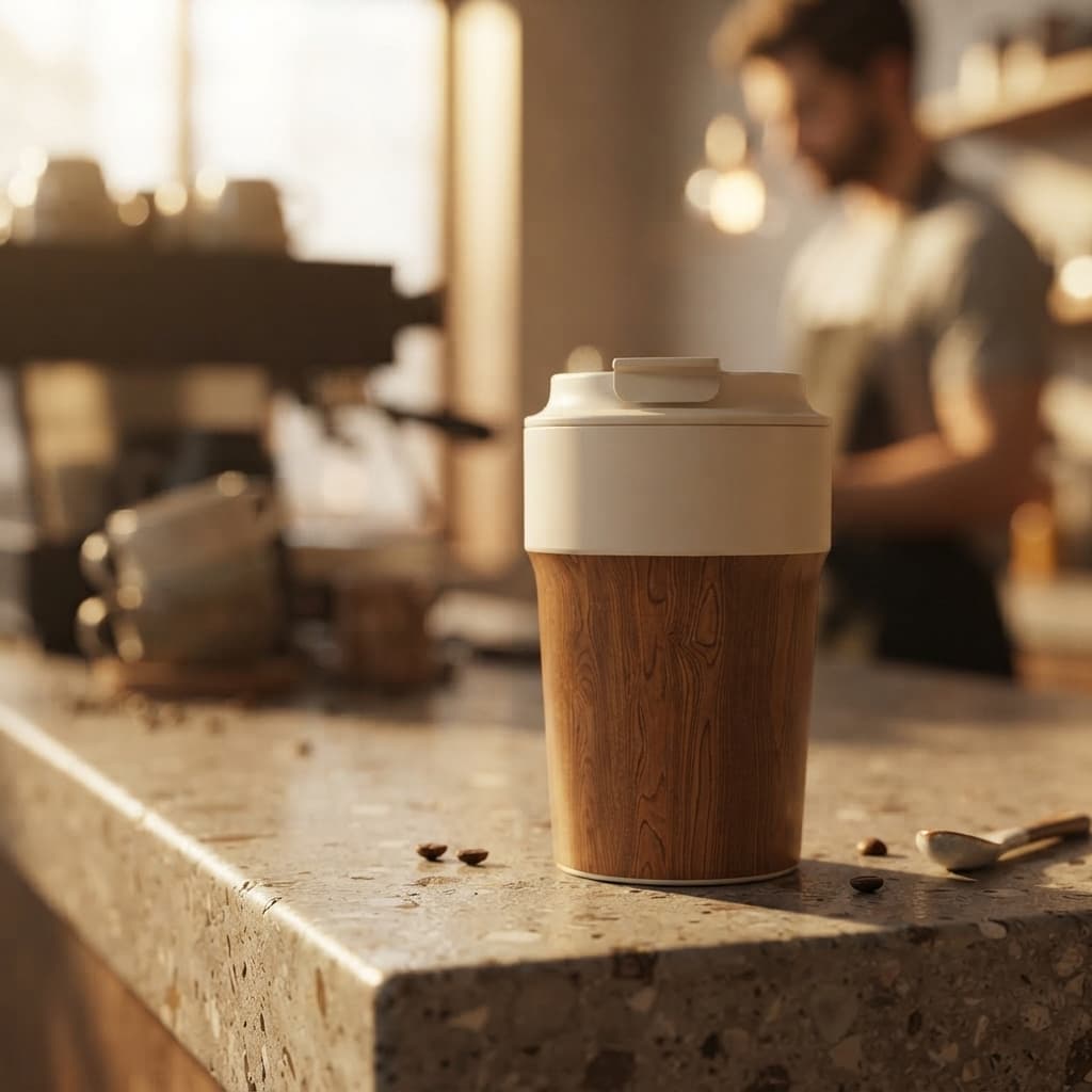 Wood grain tumbler on a cafe counter with a barista and espresso machine in soft focus
