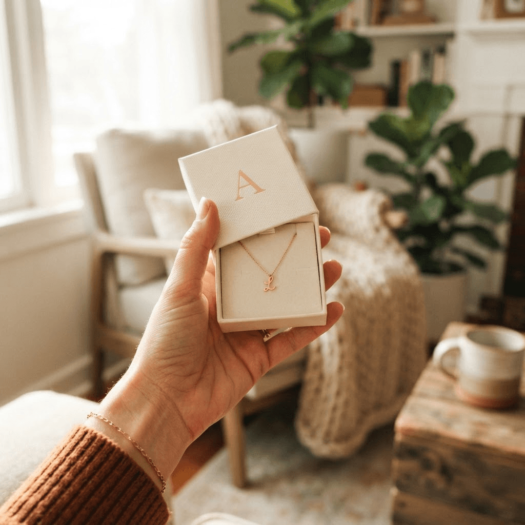 Customer holding a personalized necklace gift box