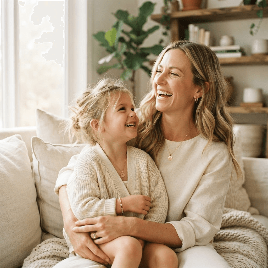 Mother and daughter wearing matching pendants