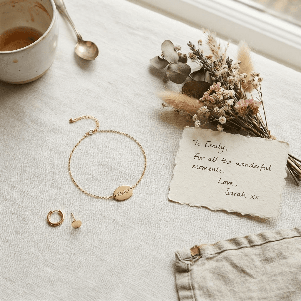 Personalized bracelet flat lay with flowers