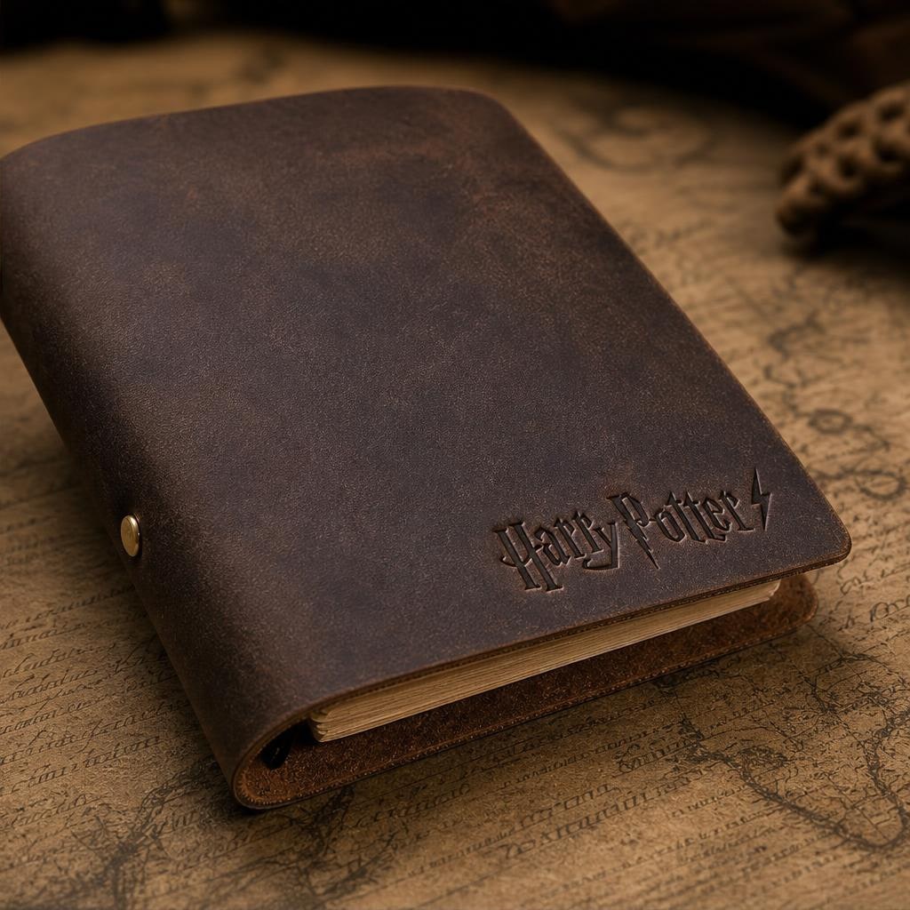 Dark brown leather journal with a custom logo embossed on the cover