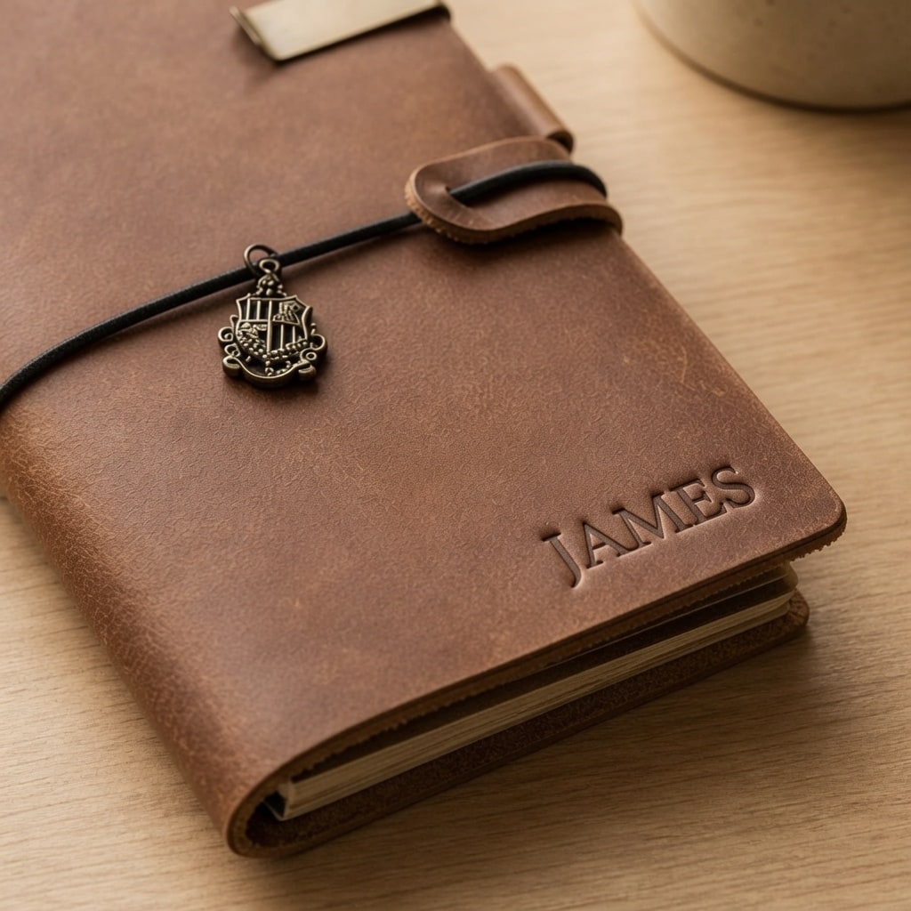 Coffee brown leather journal with the name James embossed on the cover