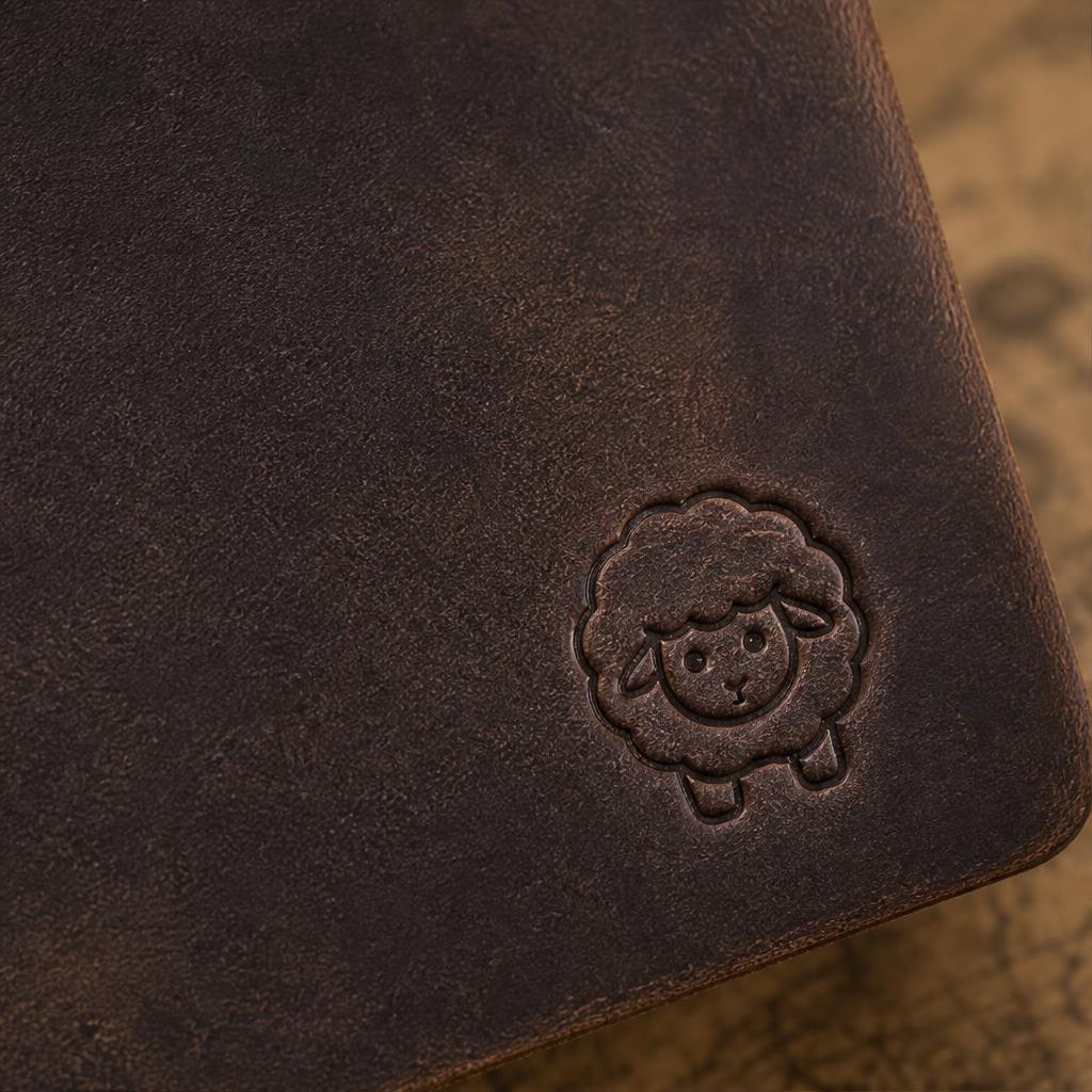 Close-up of a cute sheep icon embossed into dark brown leather