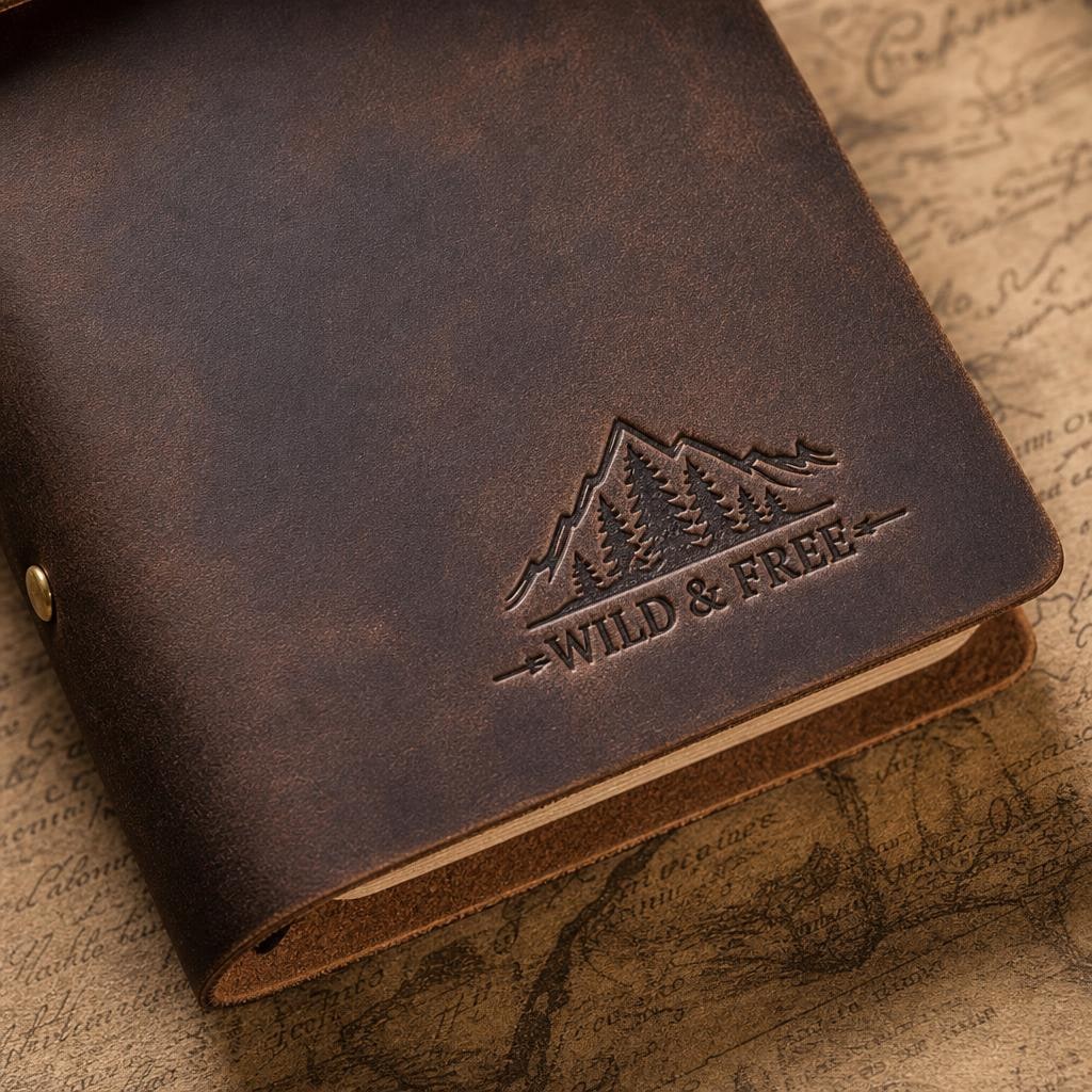 Dark brown leather journal with embossed mountain trees graphic and Wild and Free text