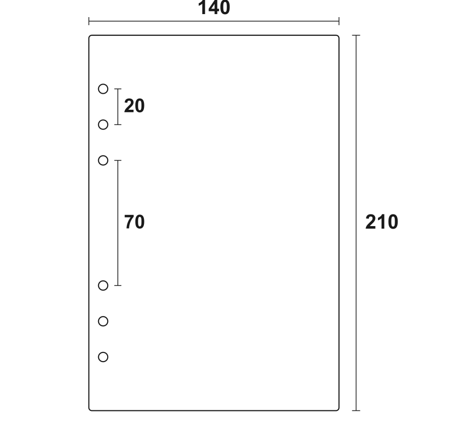 A5 paper insert diagram — 140 by 210 mm with 20 mm and 70 mm hole spacing