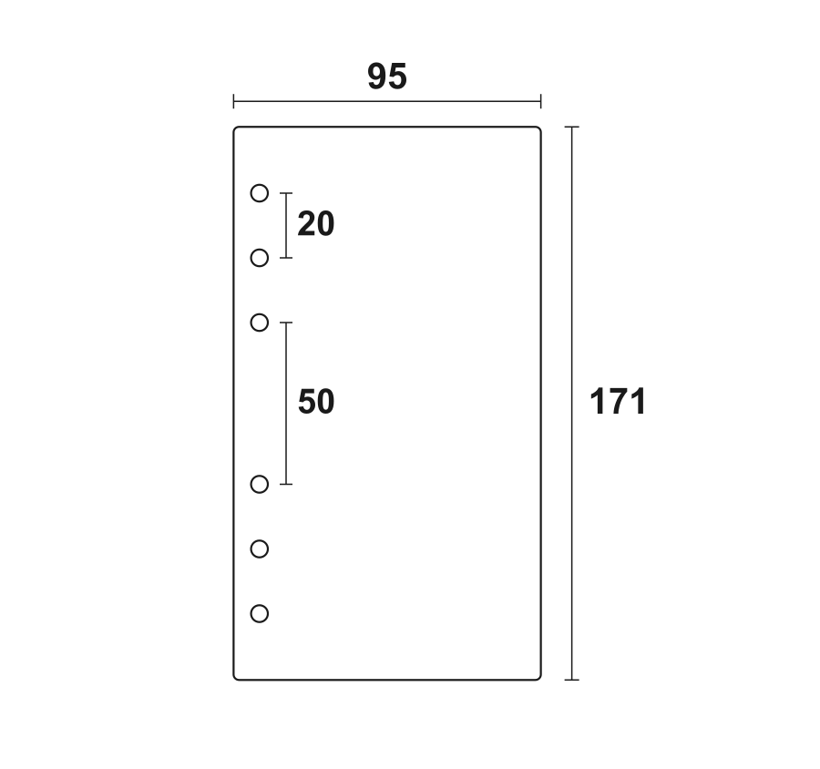 A6 paper insert diagram — 95 by 171 mm with 20 mm and 50 mm hole spacing