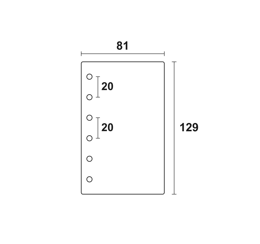 A7 paper insert diagram — 81 by 129 mm with 20 mm hole spacing