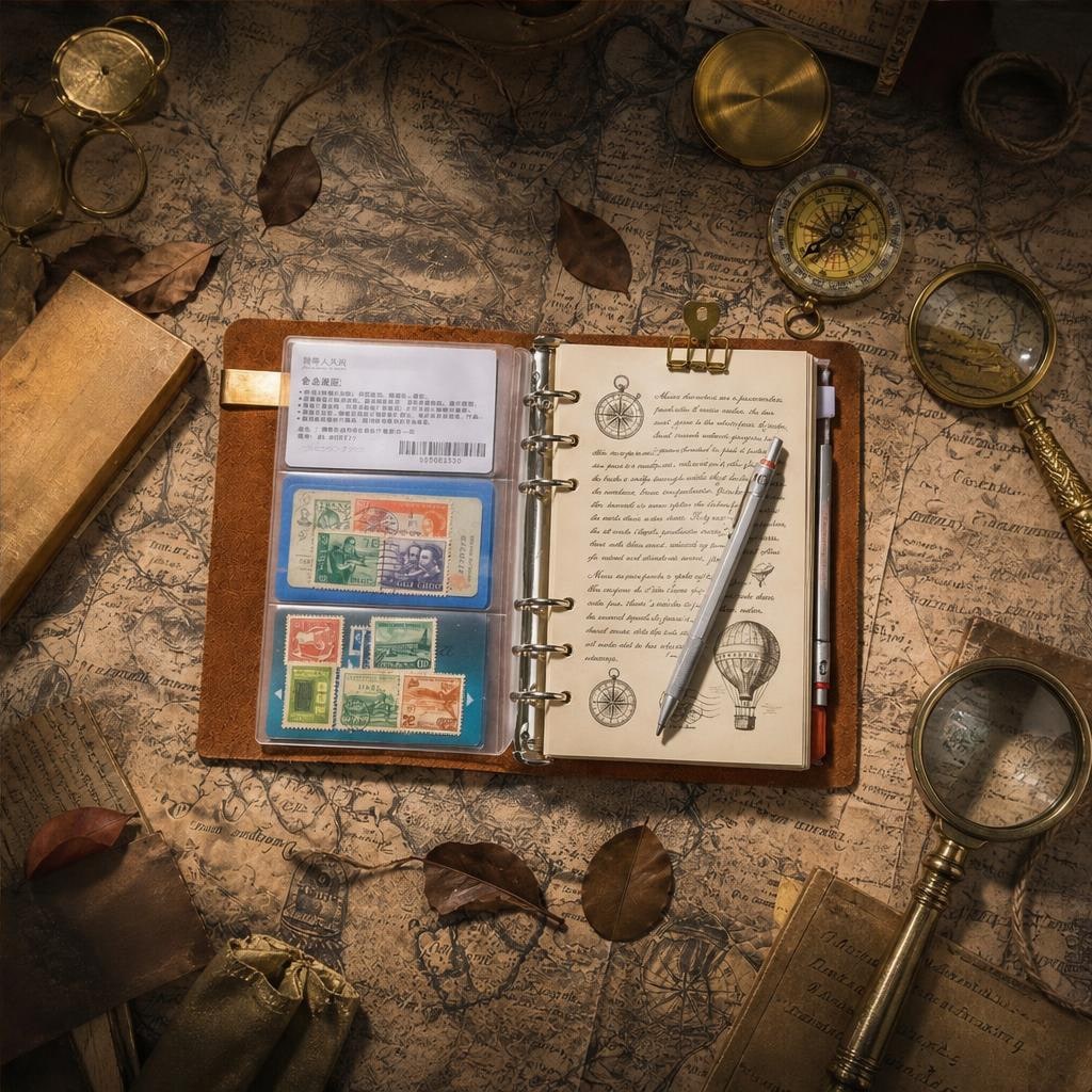 Open leather journal with handwritten pages, stamps in sleeves, pen and vintage map props