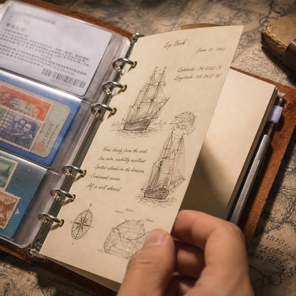 Open cowhide travel journal showing a log book page, stamp sleeves and a pen loop