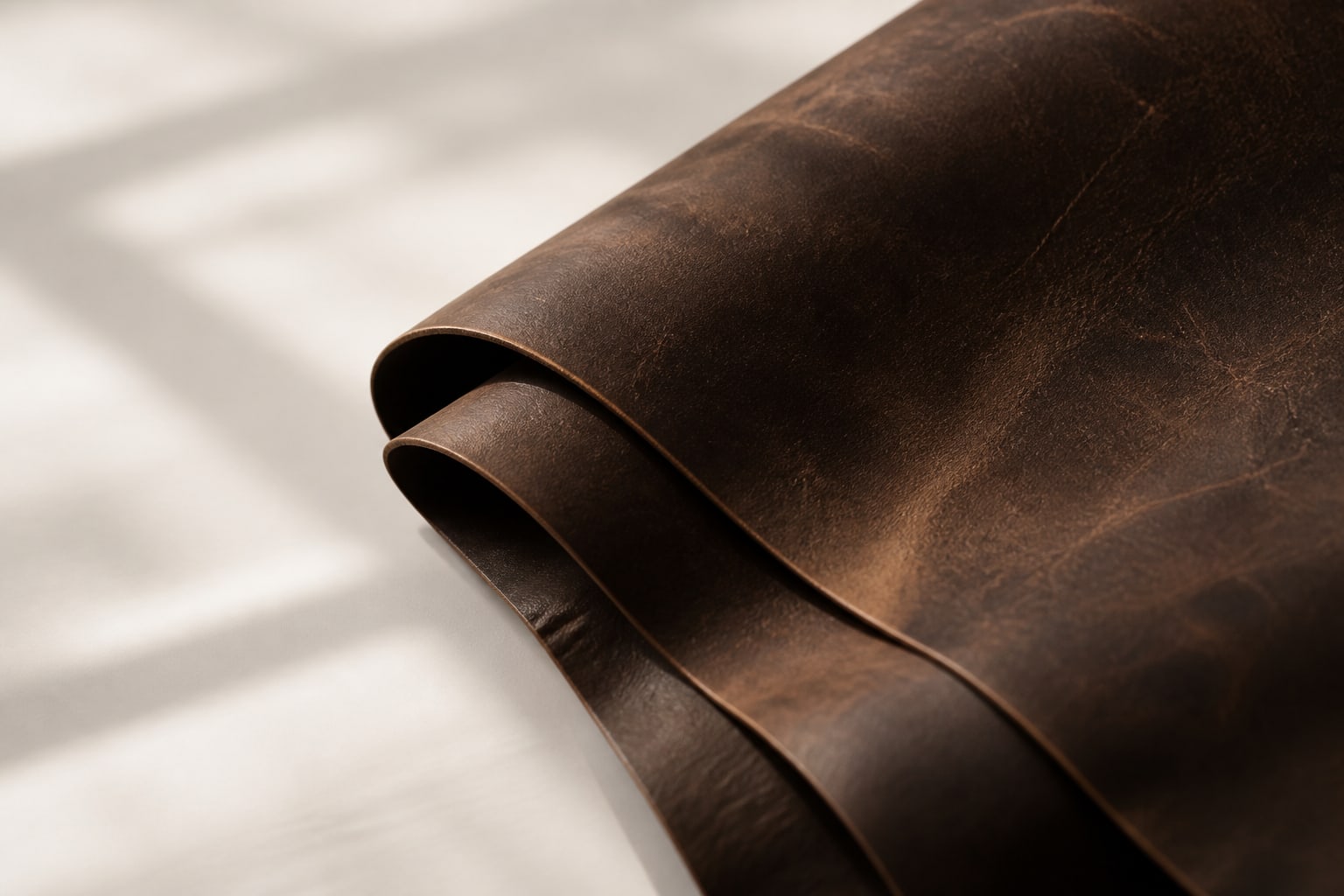 Folded dark brown crazy-horse leather with a soft waxy sheen on a cream background