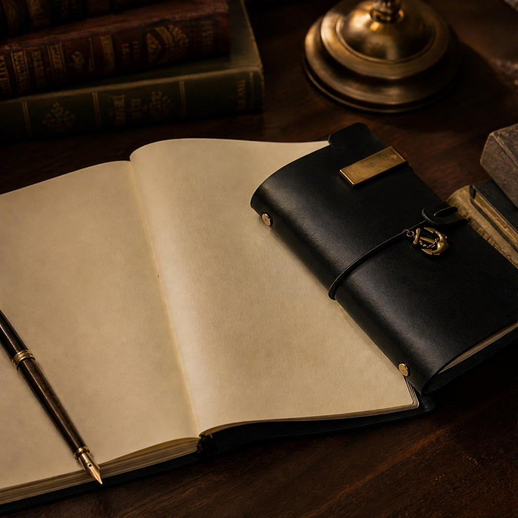 Black travel journal beside an open notebook and fountain pen