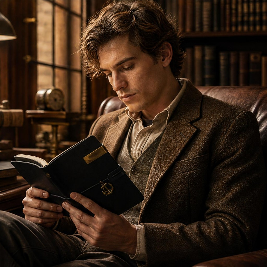 Model reading a black cowhide journal in a library armchair