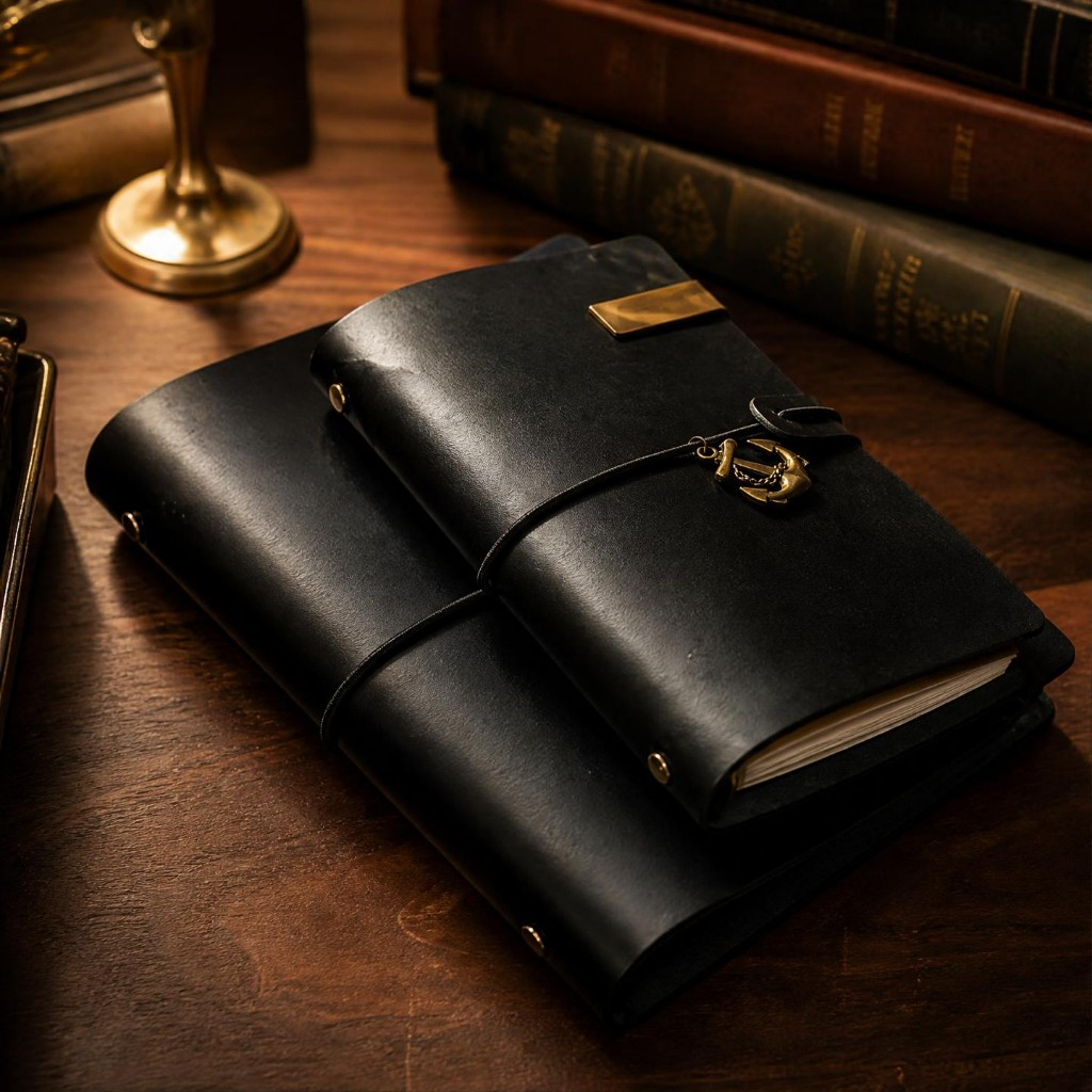 Stacked black journals with a brass anchor charm on a wooden desk