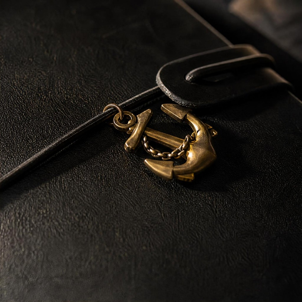 Close-up of a brass anchor charm on black cowhide leather